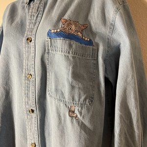 Vintage Ultra Club Cat Embroidered Denim Shirt M Cotton Button Up Cypress Denim